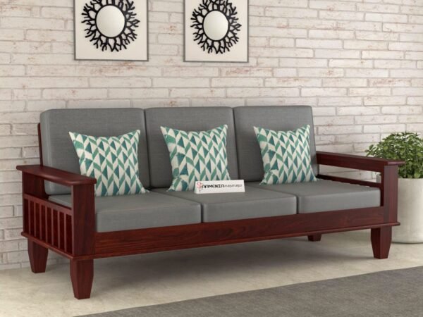 Wooden Solid Sheesham Wood 3 Seater Sofa Set with Cushions (3 Seater Sofa, Mahogany Finish)