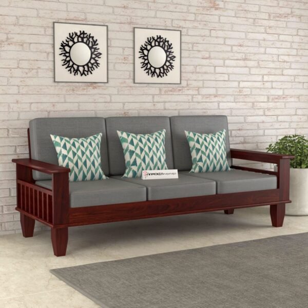 Wooden Solid Sheesham Wood 3 Seater Sofa Set with Cushions (3 Seater Sofa, Mahogany Finish)