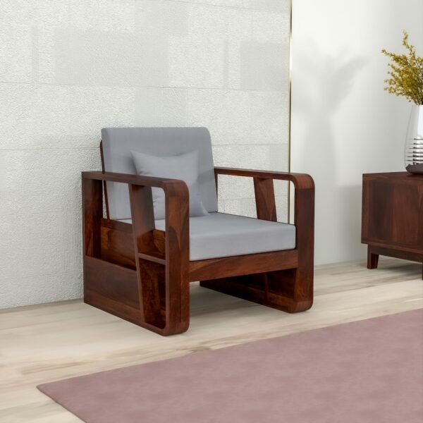 Mamta Furniture Solid Sheesham Wood 1 Seater Sofa with Side Storage | Walnut Finish | 40 Density Cushion | Living Room | Drawing Room | Without Pillow