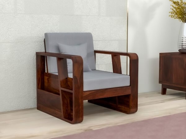 Mamta Furniture Solid Sheesham Wood 1 Seater Sofa with Side Storage | Walnut Finish | 40 Density Cushion | Living Room | Drawing Room | Without Pillow