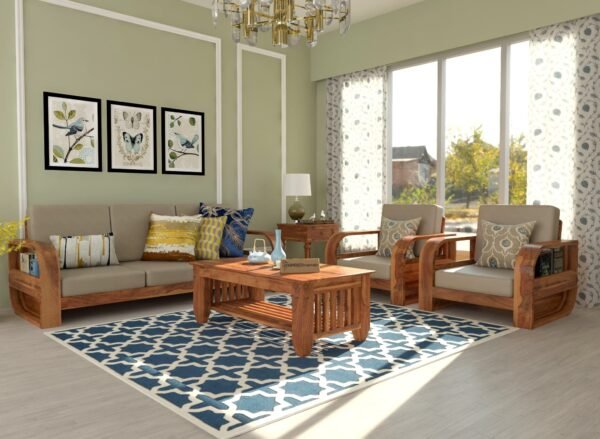 Saamenia Furniture Wooden 5 Seater Sofa Set for Living Room | Five Seater Sofa for Office & Lounge | 3+1+1 Seater Sofa Sets for Home | Sheesham Wood, Honey