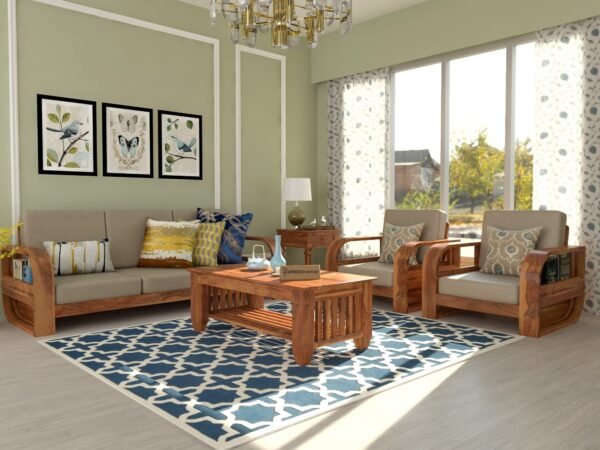 Saamenia Furniture Wooden 5 Seater Sofa Set for Living Room | Five Seater Sofa for Office & Lounge | 3+1+1 Seater Sofa Sets for Home | Sheesham Wood, Honey