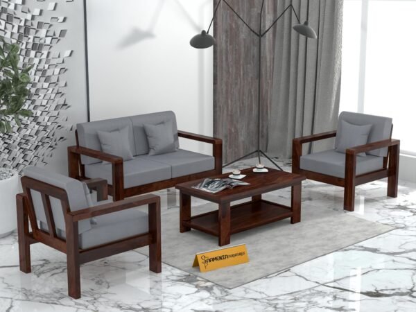 Mamta Furniture Solid Sheesham Wood 4 Seater Sofa Set with Coffee Table | Walnut Finish | 40 Density Cushions | 4+1 Configuration | Living Room | Drawing Room