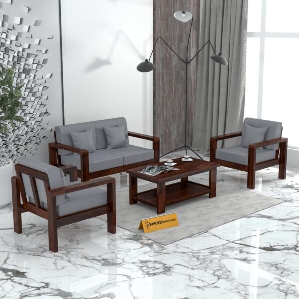 Mamta Furniture Solid Sheesham Wood 4 Seater Sofa Set with Coffee Table | Walnut Finish | 40 Density Cushions | 4+1 Configuration | Living Room | Drawing Room