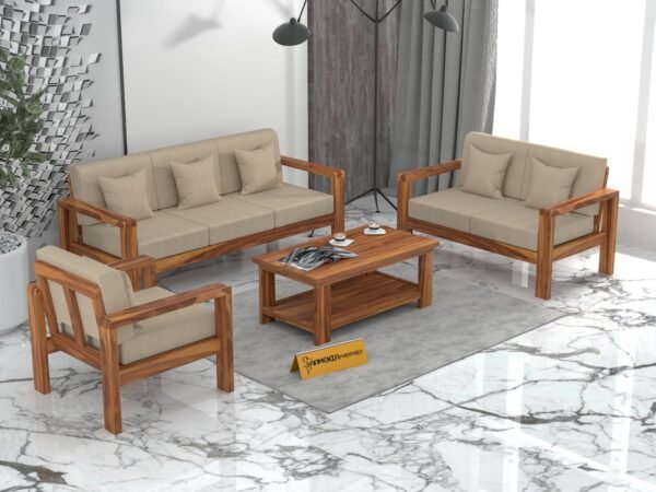 sofa set 1 (Honey Finish, 6 Seater Sofa 3+2+1 with Coffee Table, Edge Sofa)