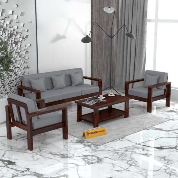 Mamta Furniture Sheesham Wood 5 Seater Sofa Set | Living Room | Walnut Finish | 3+1+1 Configuration | Drawing Room | Without Pillow | Solid Wood Frame