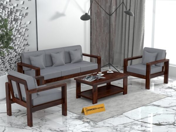 Mamta Furniture Solid Sheesham Wood 5 Seater Sofa Set 3+1+1 with Coffee Table | Walnut Finish | 40 Density Cushions | Living Room | Drawing Room | Without Pillow