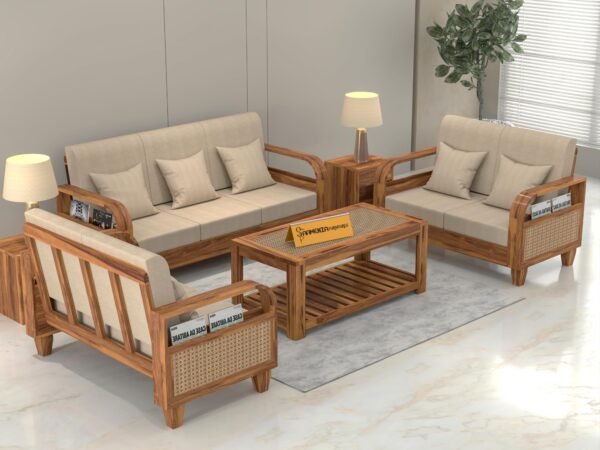 sofa set 1 (Honey Finish, 7 Seater Sofa 3+2+2 with Coffee Table, Curve Cane Sofa)