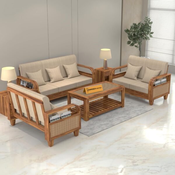 sofa set 1 (Honey Finish, 7 Seater Sofa 3+2+2 with Coffee Table, Curve Cane Sofa)