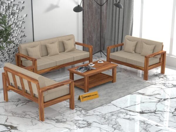 sofa set 1 (Honey Finish, 7 Seater Sofa 3+2+2 with Coffee Table, Edge Sofa)
