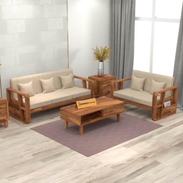 sofa set 1 (Honey Finish, 5 Seater Sofa 3+2 with Coffee Table, Utility Sofa)