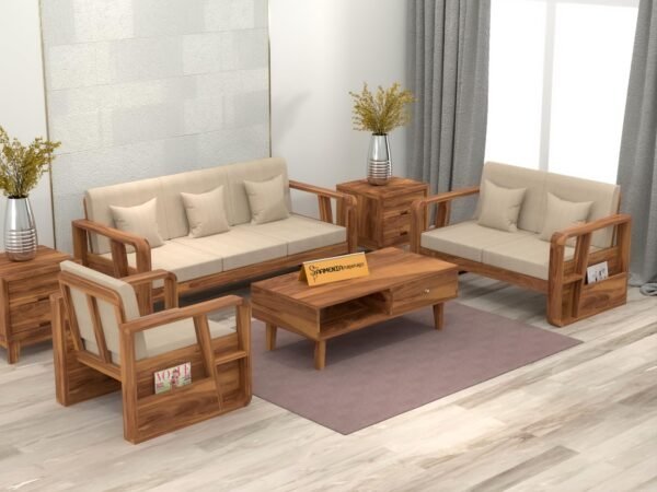 Mamta Furniture Wooden 6 Seater Sofa with Coffee Table & Side Rack | Spacious Sheesham Wood Sofa Set with Comfortable Cushions