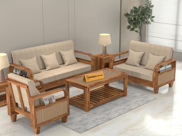 sofa set 1 (Honey Finish, 6 Seater Sofa 3+2+1, Curve Cane Sofa)