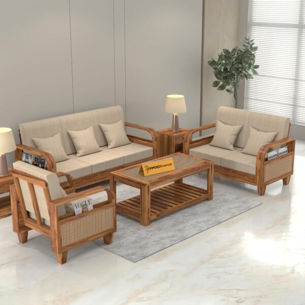 sofa set 1 (Honey Finish, 6 Seater Sofa 3+2+1, Curve Cane Sofa)