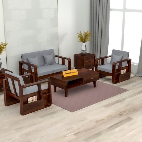 Mamta Furniture Solid Sheesham Wood 4 Seater Sofa Set with Side Storage | Walnut Finish | 40 Density Cushions | Space Saving Design | Living Room | Drawing Room