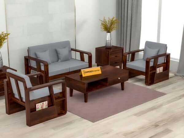 Mamta Furniture Solid Sheesham Wood 4 Seater Sofa Set with Coffee Table and Side Storage | Walnut Finish | Cushioned Seating | Living Room | Drawing Room