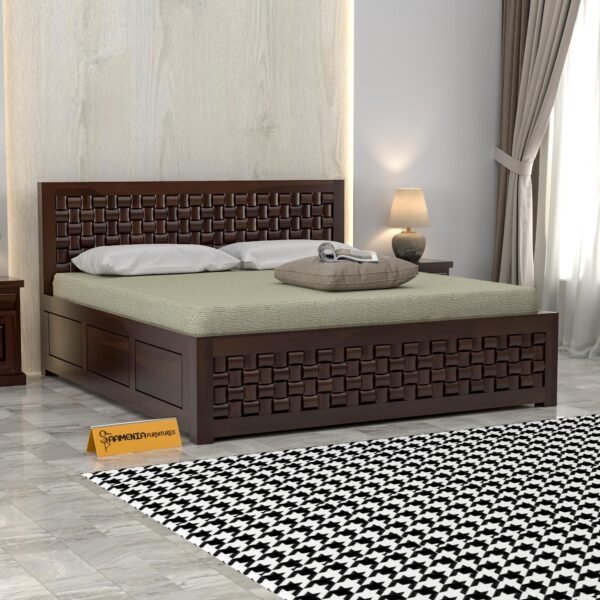 Solid Sheesham Wood Bed with Storage for Home Bedroom