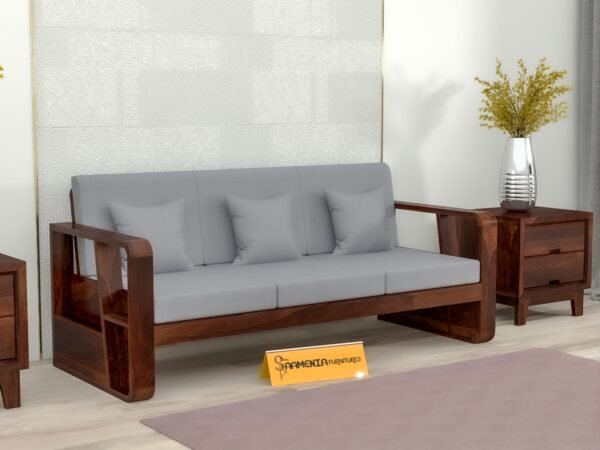 Mamta Furniture Solid Sheesham Wood 3 Seater Sofa with Side Storage | Walnut Finish | 40 Density Cushions | Space Saving Design | Living Room | Drawing Room