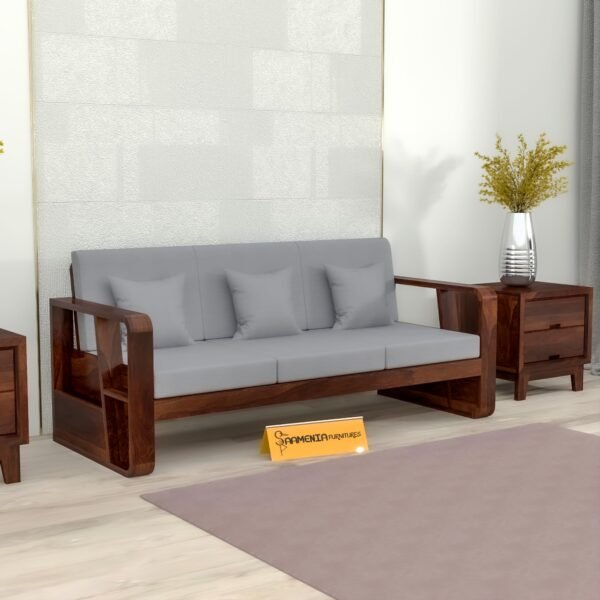 Mamta Furniture Solid Sheesham Wood 3 Seater Sofa with Side Storage | Walnut Finish | 40 Density Cushions | Space Saving Design | Living Room | Drawing Room