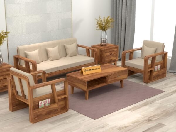 Mamta Furniture Wooden 5 Seater Sofa (3+1+1) with Coffee Table & Side Rack | Durable Sheesham Wood Furniture Set with 40 Density Cushions