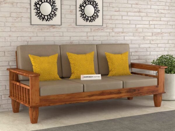 Mamta Furniture Wooden Solid Sheesham Wood 3 Seater Sofa Set with Beige 40 Density Cushions (3 Seater Sofa, Honey Finish)