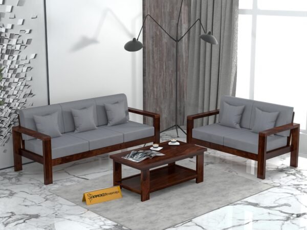 Mamta Furniture 5 Seater Sheesham Wood Sofa Set | 3+2 Configuration with Coffee Table | Walnut Finish | High Density Cushions | Living Room | Drawing Room
