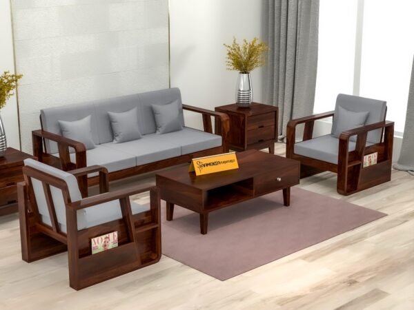 Mamta Furniture Solid Sheesham Wood 5 Seater Sofa Set 3+1+1 with Coffee Table Side Storage | Walnut Finish | Cushioned Seating | Living Room | Drawing Room