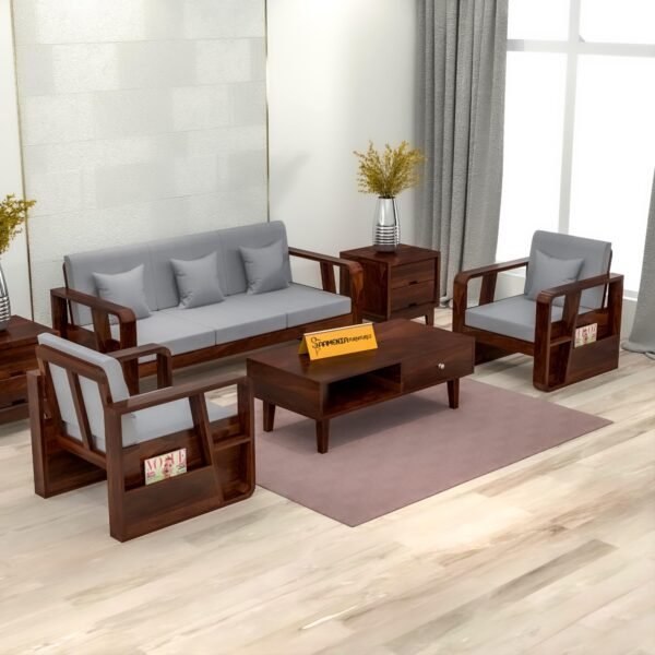 Mamta Furniture Solid Sheesham Wood 5 Seater Sofa Set 3+1+1 with Coffee Table Side Storage | Walnut Finish | Cushioned Seating | Living Room | Drawing Room