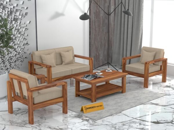 sofa set 1 (Honey Finish, 4 Seater Sofa 2+2 with Coffee Table, Edge Sofa)