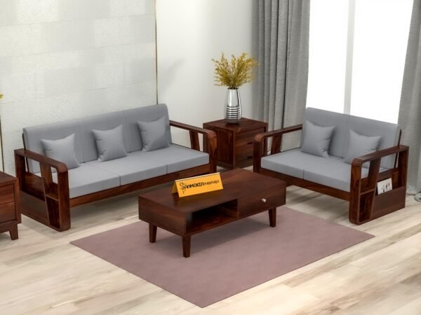 Mamta Furniture 5 Seater Sheesham Wood Sofa Set (3+2) with Coffee Table & Side Storage Cushions | Walnut Finish | Living Room | Drawing Room | Without Pillow