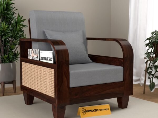 Mamta Furniture Sheesham Wood 1 Seater Sofa with Rosewood Cushion | Living Room & Office | Solid Walnut Finish with Side Newspaper Holder | Drawing Room