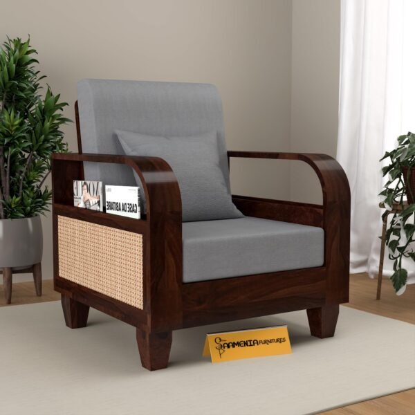 Mamta Furniture Sheesham Wood 1 Seater Sofa with Rosewood Cushion | Living Room & Office | Solid Walnut Finish with Side Newspaper Holder | Drawing Room