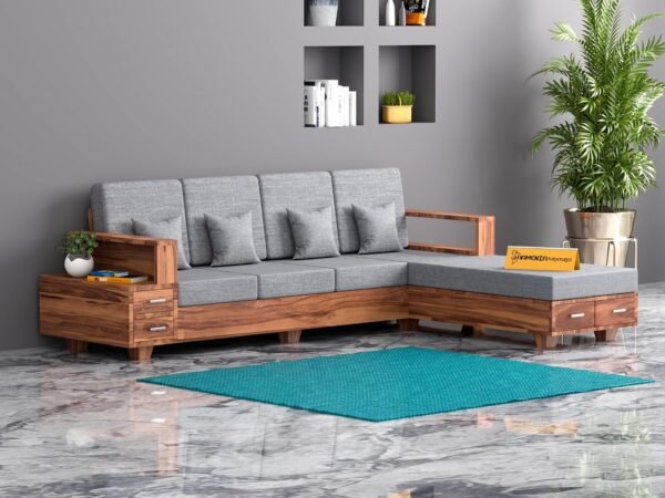 Solid Sheesham Wood L Shape Sofa Set for Living Room | Wooden Corner Sofa with Storage Drawer & High Density Foam Cushions for Home Office Hall (Honey, L Shape, Sofa with Drawer)