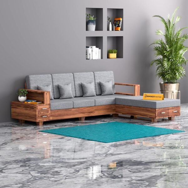 Solid Sheesham Wood L Shape Sofa Set for Living Room | Wooden Corner Sofa with Storage Drawer & High Density Foam Cushions for Home Office Hall (Honey, L Shape, Sofa with Drawer)