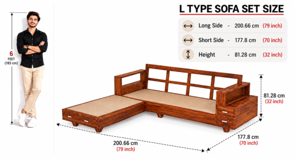 Solid Wood L Shape Sofa Set for Living Room with Storage Drawer, 5 Seater Wooden Corner Sofa with Cushions, Modern Sectional Couch for Home Office and Hall, Teak Finish