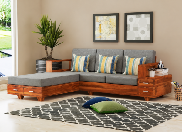 Solid Wood L Shape Sofa Set for Living Room with Storage Drawer, 5 Seater Wooden Corner Sofa with Cushions, Modern Sectional Couch for Home Office and Hall, Teak Finish