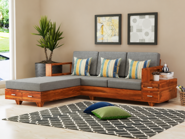 Solid Wood L Shape Sofa Set for Living Room with Storage Drawer, 5 Seater Wooden Corner Sofa with Cushions, Modern Sectional Couch for Home Office and Hall, Teak Finish