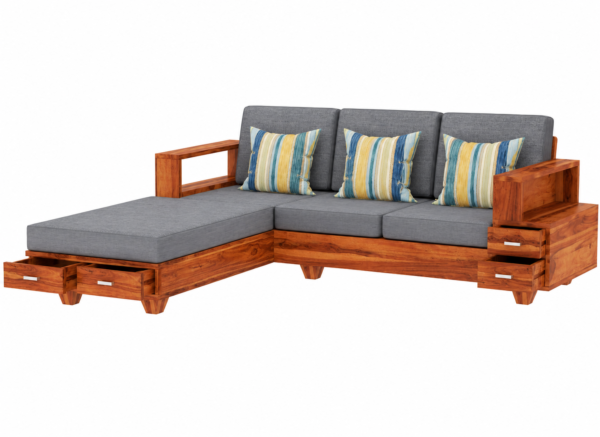 Solid Wood L Shape Sofa Set for Living Room with Storage Drawer, 5 Seater Wooden Corner Sofa with Cushions, Modern Sectional Couch for Home Office and Hall, Teak Finish