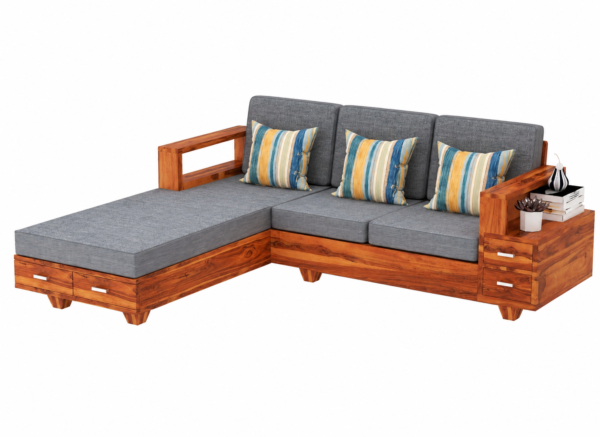 Solid Wood L Shape Sofa Set for Living Room with Storage Drawer, 5 Seater Wooden Corner Sofa with Cushions, Modern Sectional Couch for Home Office and Hall, Teak Finish