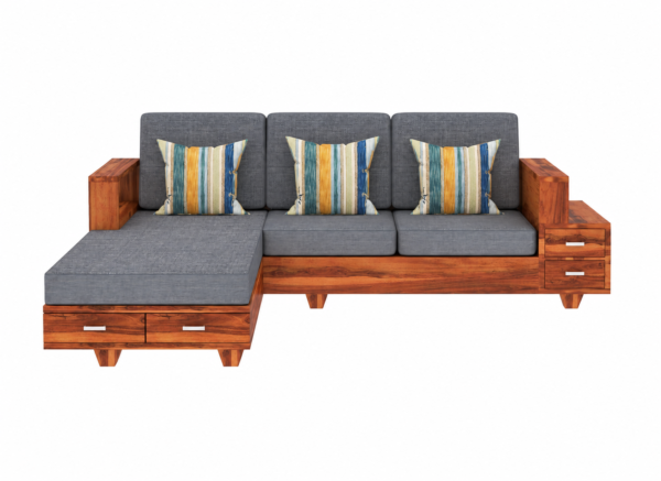 Solid Wood L Shape Sofa Set for Living Room with Storage Drawer, 5 Seater Wooden Corner Sofa with Cushions, Modern Sectional Couch for Home Office and Hall, Teak Finish