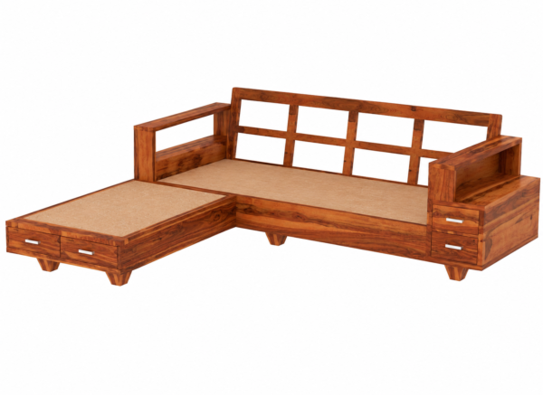 Solid Wood L Shape Sofa Set for Living Room with Storage Drawer, 5 Seater Wooden Corner Sofa with Cushions, Modern Sectional Couch for Home Office and Hall, Teak Finish